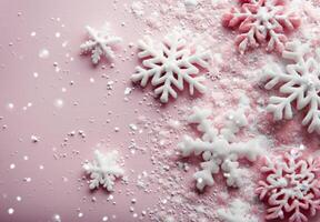 Snowflakes Spread Across a Soft Pink Surface in Winter Decor photo
