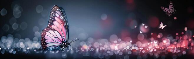 Delicate Butterfly Resting on Colorful Pebbles With Soft Bokeh Background at Dusk photo