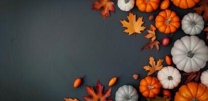 Autumn Arrangements of Pumpkins and Colorful Leaves on a Dark Table photo