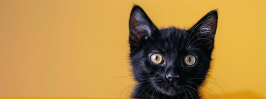 Curious Black Cat Against Bright Yellow And Pink Background photo