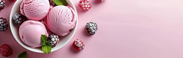 Raspberry Ice Cream Served in a White Bowl on a Pink Background photo