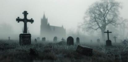 Foggy Graveyard Surrounding an Old Church on a Gloomy Day photo