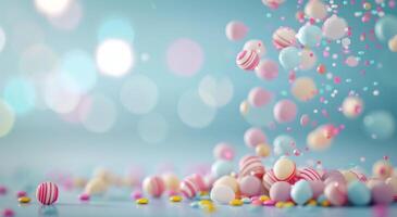 Colorful Candy Spheres and Sprinkles Floating Against a Turquoise Background photo