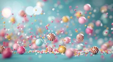Colorful Candy Spheres and Sprinkles Floating Against a Turquoise Background photo