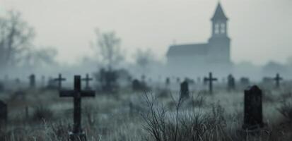 Foggy Graveyard Surrounding an Old Church on a Gloomy Day photo