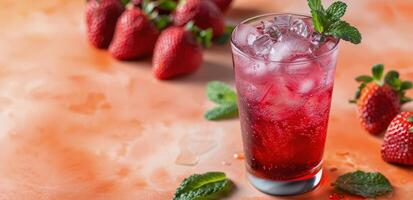 Refreshing Strawberry Mint Beverage Served in a Glass With Fresh Strawberries photo