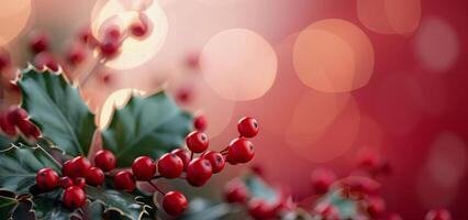 Red Berries and Green Leaves Arrangement on Pink Surface With Soft Natural Light photo