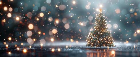 Festively Decorated Christmas Tree Surrounded by Glittering Lights and Falling Snow photo