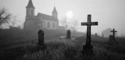 Foggy Graveyard Surrounding an Old Church on a Gloomy Day photo