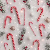 Festive Flat Lay of Candy Canes and Holiday Decorations on a Winter Background photo