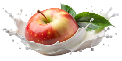Apple splashing in milk with leaves on transparent background, transparent png