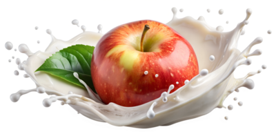 Whole apple splashing in milk with green leaves, transparent png