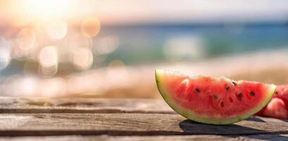 Fresh Watermelon Slice on Wooden Table Near Seaside During Bright Summer Day photo