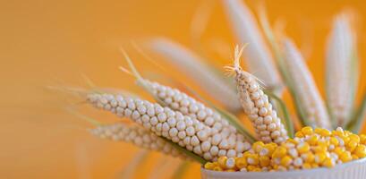 Fresh White and Yellow Corn Ears With Kernels Against a Bright Orange Background photo