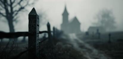 Foggy Graveyard With Church Surrounded by Tombstones at Dawn photo