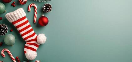 Christmas Stocking and Decor With Candy Cane on a Green Background photo