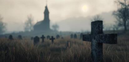 Foggy Graveyard With Church Surrounded by Tombstones at Dawn photo