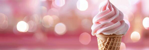 Delicious Swirled Strawberry Soft Serve Ice Cream Cone Against a Blurred Background photo