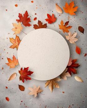Fall Leaves Arranged Around A Round White Surface On A Gray Background photo