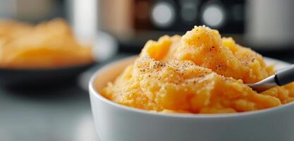 Creamy Mashed Sweet Potatoes in Bowl With Seasoning on Kitchen Counter photo