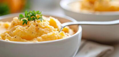 Creamy Mashed Sweet Potatoes in Bowl With Seasoning on Kitchen Counter photo