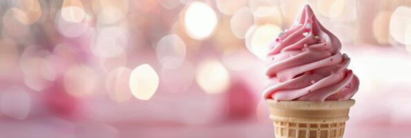 Delicious Swirled Strawberry Soft Serve Ice Cream Cone Against a Blurred Background photo