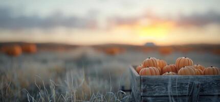 Freshly Harvested Pumpkins in a Rustic Wooden Crate at an Autumn Farm photo