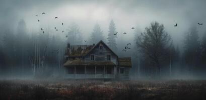 Foggy Forest Landscape With Abandoned House and Birds at Dusk photo