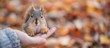 Squirrel Feeding on Hand in Autumn Park With Colorful Leaves photo