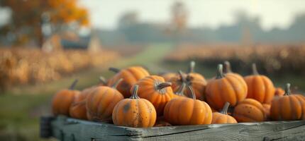Freshly Harvested Pumpkins in a Rustic Wooden Crate at an Autumn Farm photo