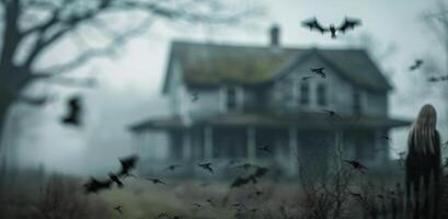Foggy Forest Landscape With Abandoned House and Birds at Dusk photo
