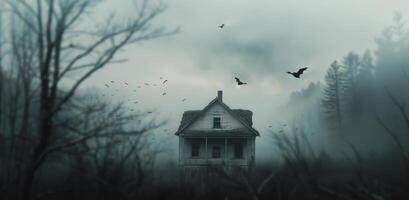 Foggy Forest Landscape With Abandoned House and Birds at Dusk photo