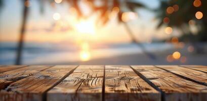 Sunset Over Tranquil Ocean With Silhouetted Palms Near Wooden Dock photo