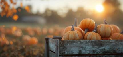 Freshly Harvested Pumpkins in a Rustic Wooden Crate at an Autumn Farm photo