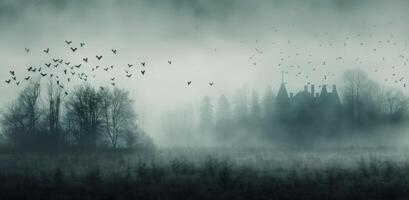 Eerie Misty Landscape With Silhouetted Manor and Flocking Birds at Dusk photo