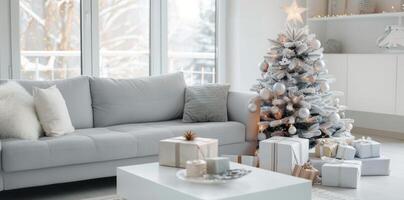 Cozy Living Room Decorated for Christmas With a White Tree and Presents photo