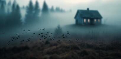 Eerie Misty Landscape With Silhouetted Manor and Flocking Birds at Dusk photo