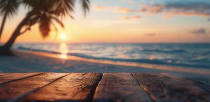 Sunset Over Tranquil Ocean With Silhouetted Palms Near Wooden Dock photo