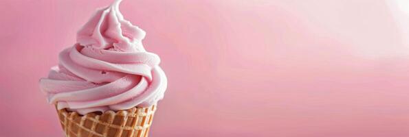 Delicious Pink Swirl Soft Serve Ice Cream In A Cone Against A Blurred Background photo
