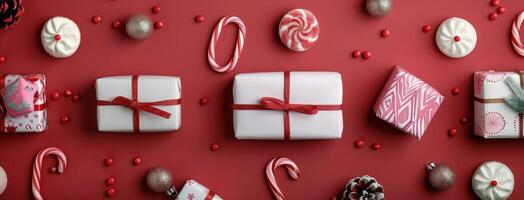 Festive Christmas Gifts and Ornaments Displayed on Red Background photo