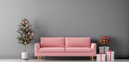 Cozy Living Room Decorated for Christmas With Pink Sofa and Festive Tree photo