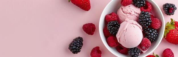 Berry-Infused Ice Cream Served in White Bowl on Pink Background photo