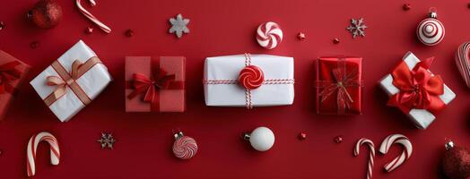 Festive Christmas Gifts and Ornaments Displayed on Red Background photo