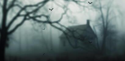 Eerie Misty Landscape With Silhouetted Manor and Flocking Birds at Dusk photo