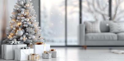 Cozy Living Room Decorated for Christmas With a White Tree and Presents photo