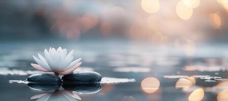 Tranquil Lotus Flower Blossom on Stacked Stones in Calming Water Setting photo