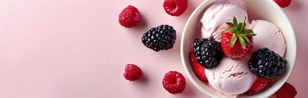 Berry-Infused Ice Cream Served in White Bowl on Pink Background photo