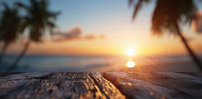 Sunset Over Tranquil Ocean With Silhouetted Palms Near Wooden Dock photo