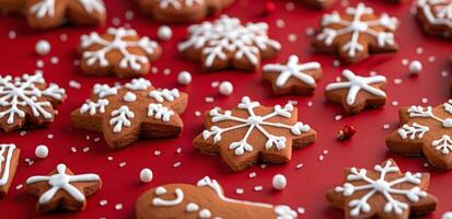Festive Christmas Cookies and Decorations on Red Background photo