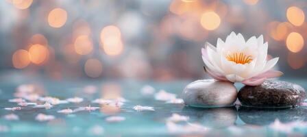 Tranquil Lotus Flower Blossom on Stacked Stones in Calming Water Setting photo